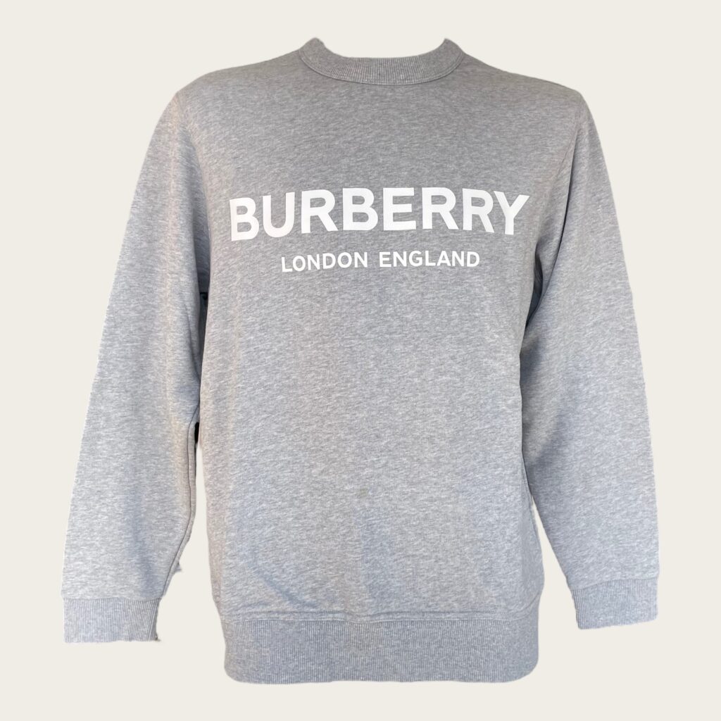 Burberry felpa girocollo grigia logo bianco, M.